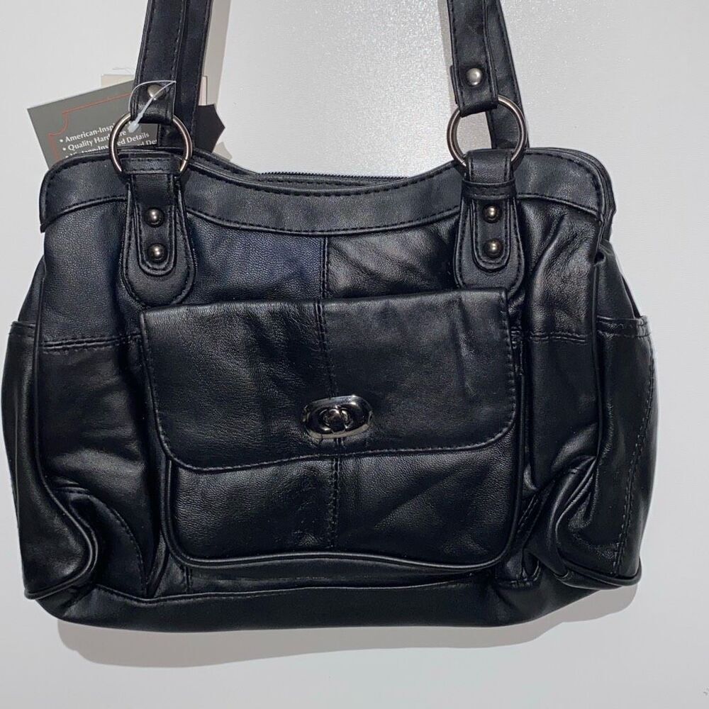 Embassy Women's Black Genuine Leather Top Zip Double Strap Shoulder Bag OS NWT